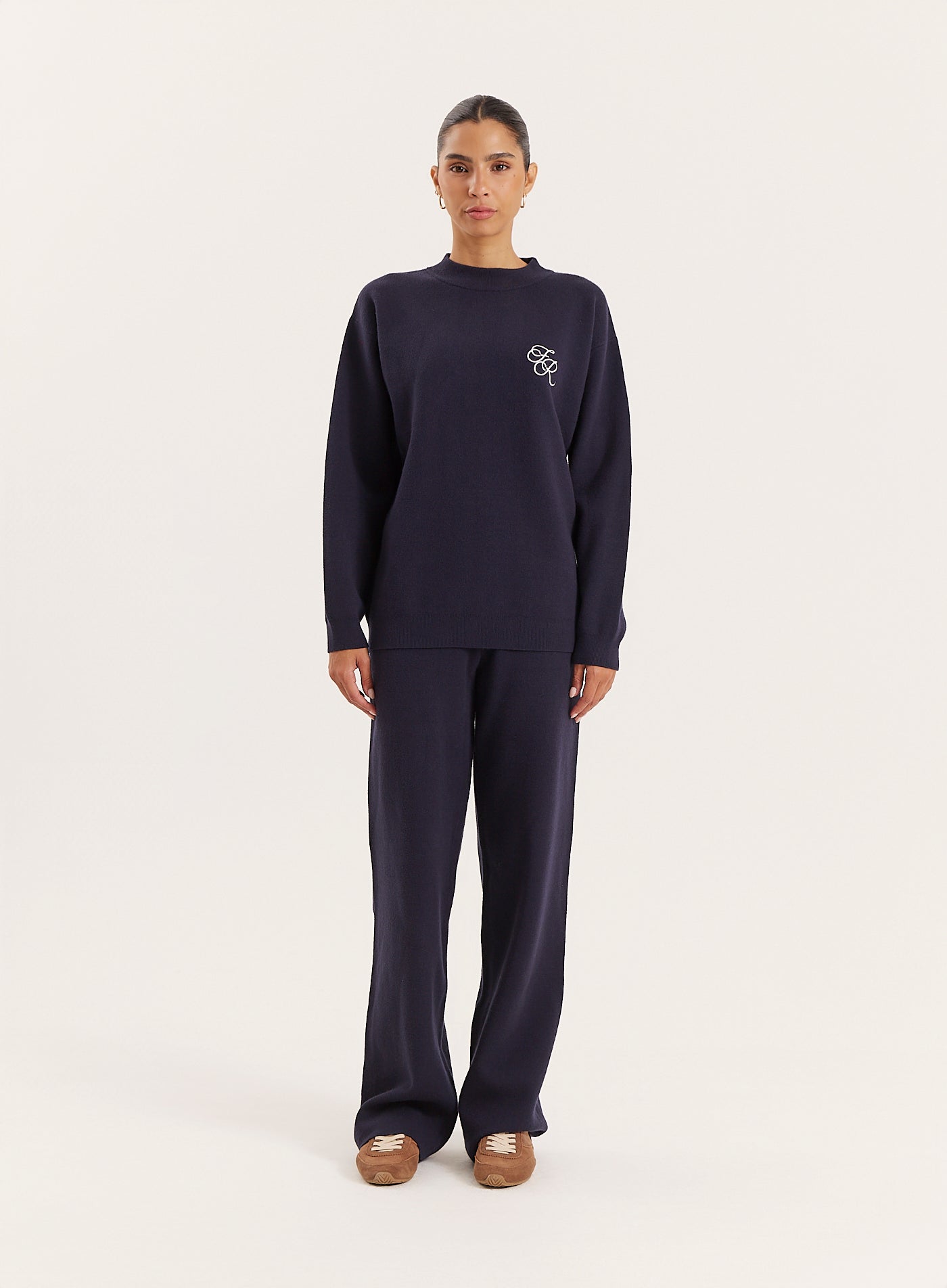 Navy Knitted Straight Leg Trousers